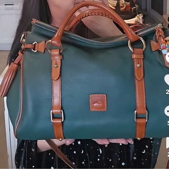 Dooney & Bourke Forest Green Florentine Pebbled Leather Satchel with Tan Trim - Picture 2 of 16